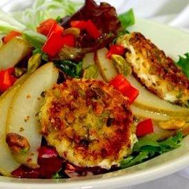 Pistachio Crusted Goat Cheese with Peach Balsamic Vinaigrette